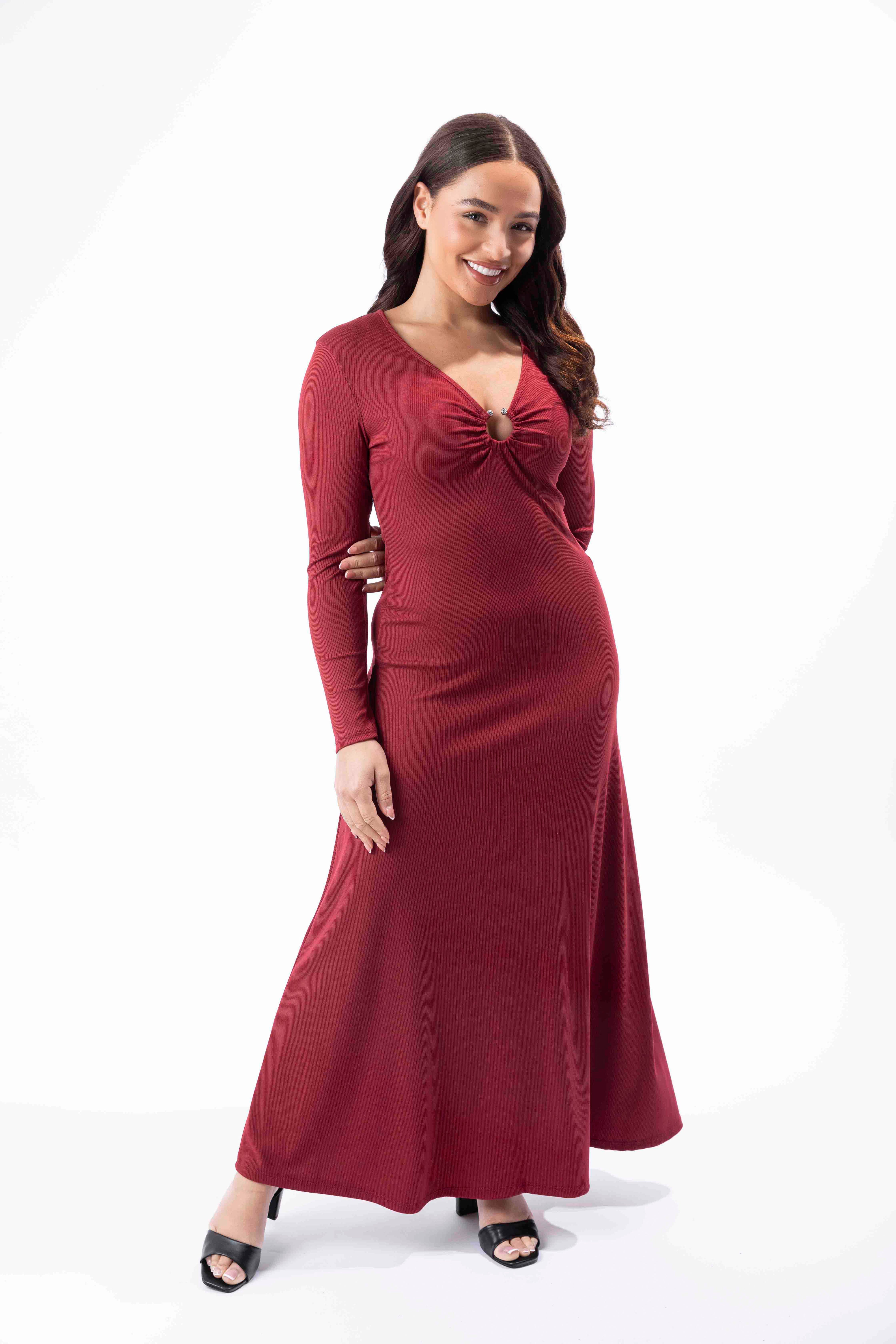 Plunge Peekaboo Neck Ribbed A-Line Maxi Dress-SinglePrice