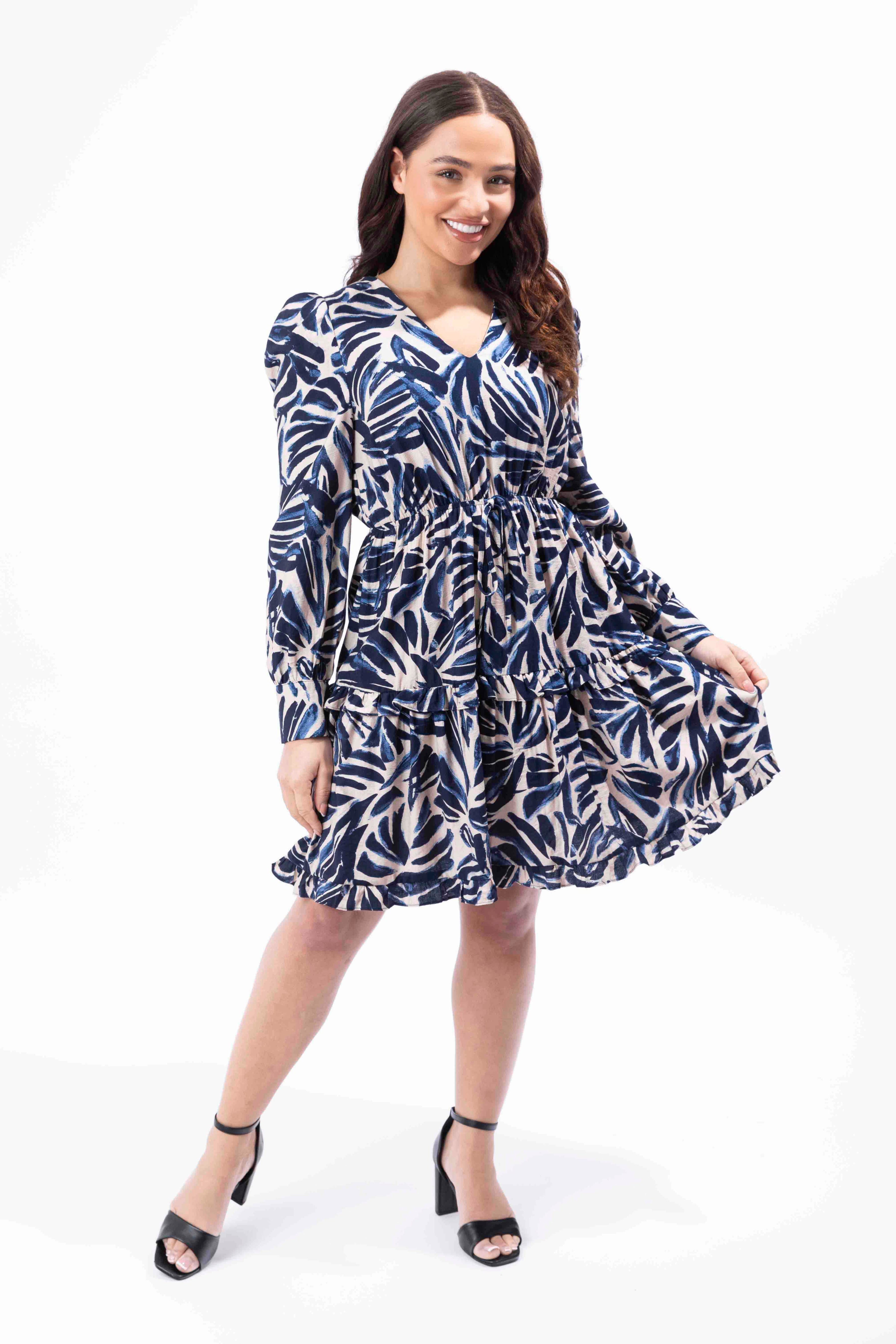Puff Long Sleeve Leaf Print Layered Viscose Blend Midi Dress