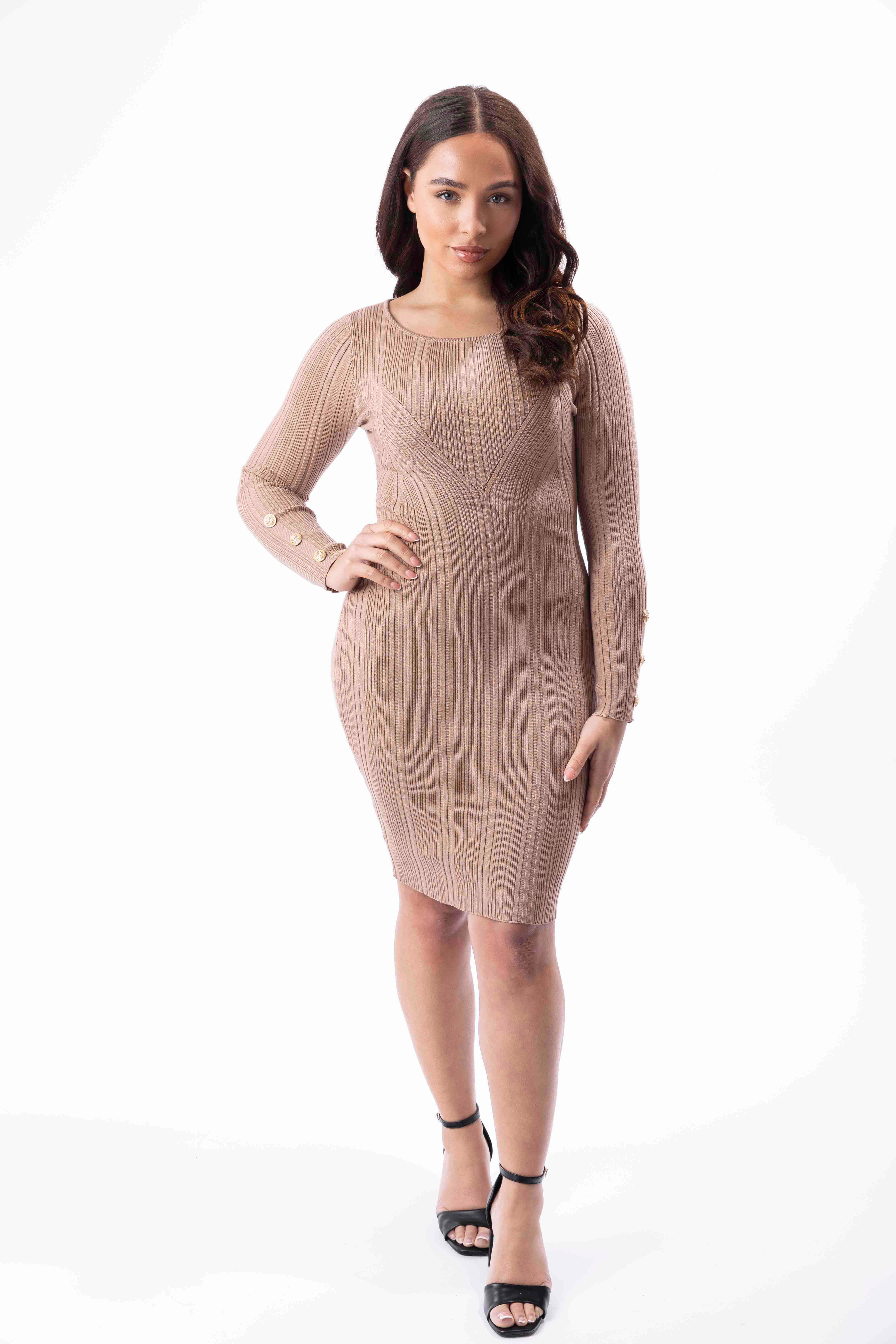 Viscose Blend Ribbed Knit Long Sleeve Button Detail Knee Length Dress