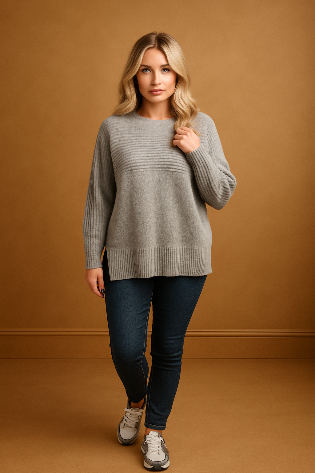 Contrast Knitted Viscose Side Slit Relaxed Fit Pullover