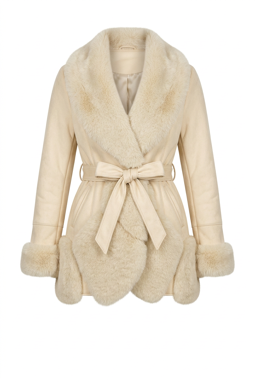 Faux Fur And Vegan Leather Waist Tie Deep Plunge Jacket