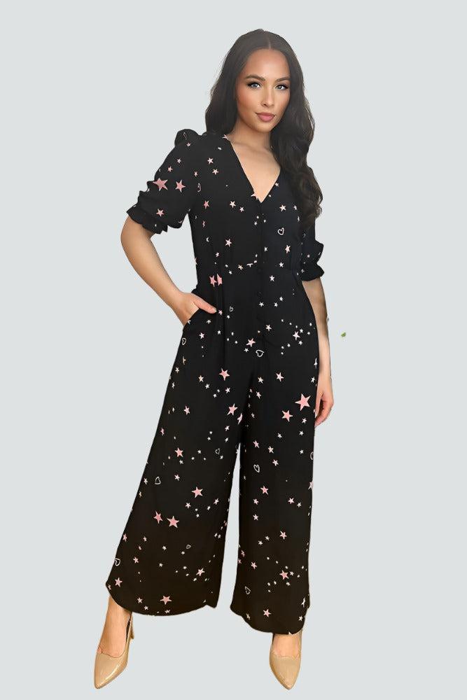 Black Stars And Hearts Print Frilled Jumpsuit-SinglePrice