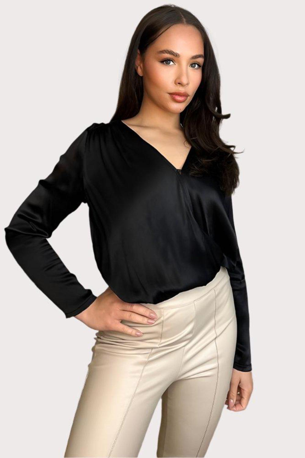 Black Satin Finish Deep V-Neck Bodysuit-SinglePrice
