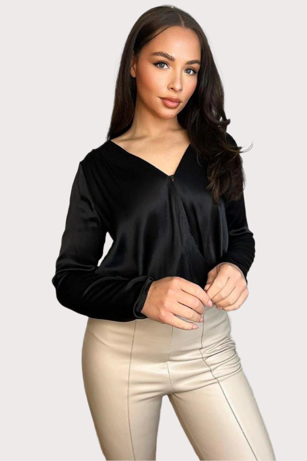 Black Satin Finish Deep V-Neck Bodysuit-SinglePrice