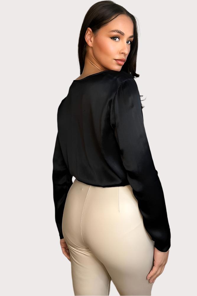 Black Satin Finish Deep V-Neck Bodysuit-SinglePrice