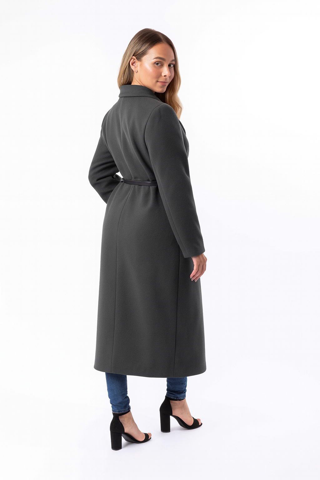 Loose Fit Circle Belt Soft Long Button Down A-Line Lapel Coat