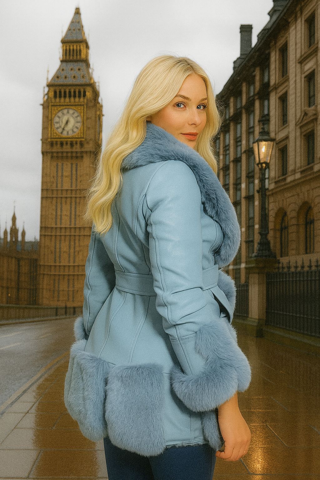 Faux Fur And Vegan Leather Waist Tie Deep Plunge Jacket