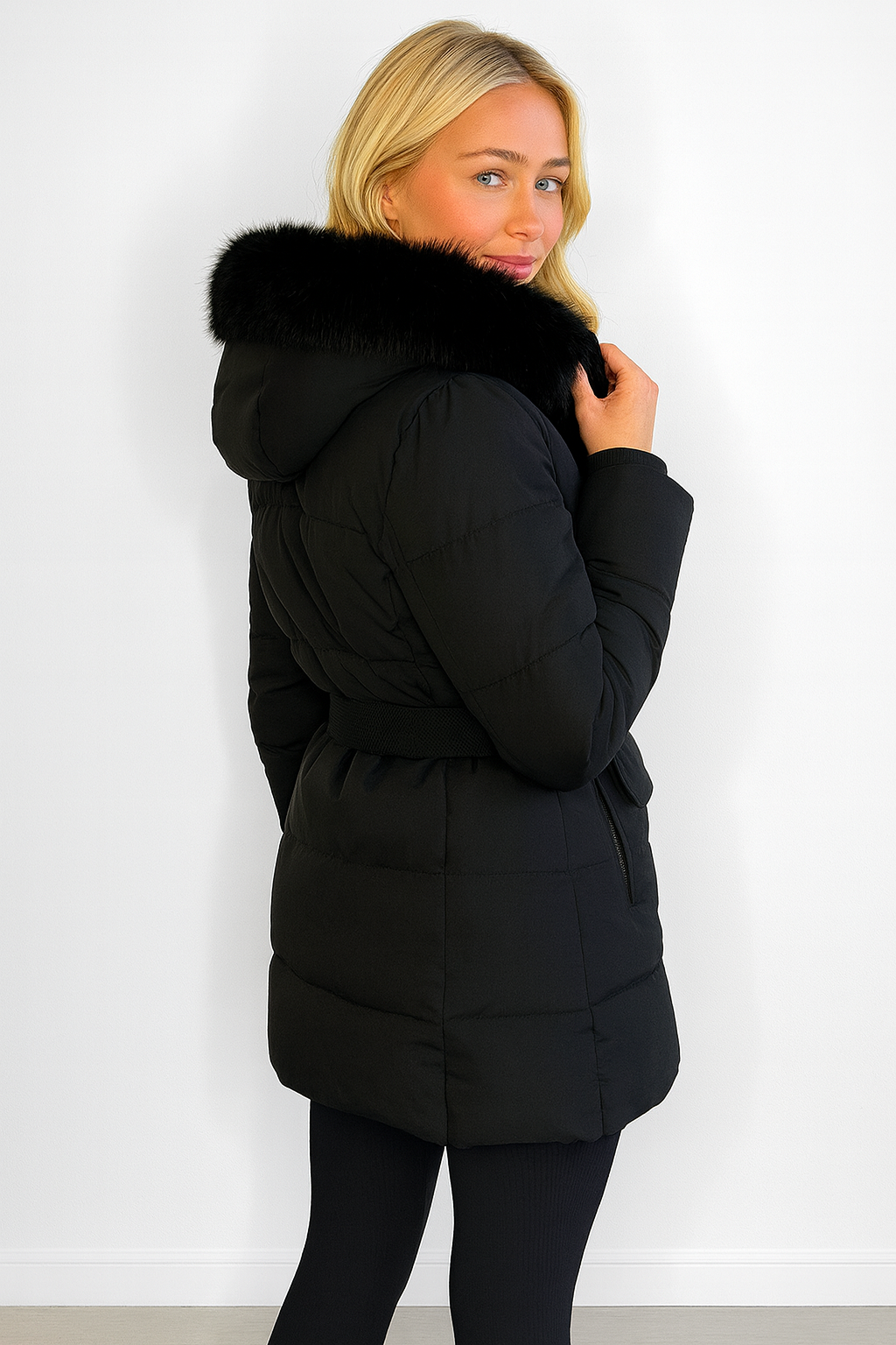 Faux Fur Hood Bag Belt Winter Jacket