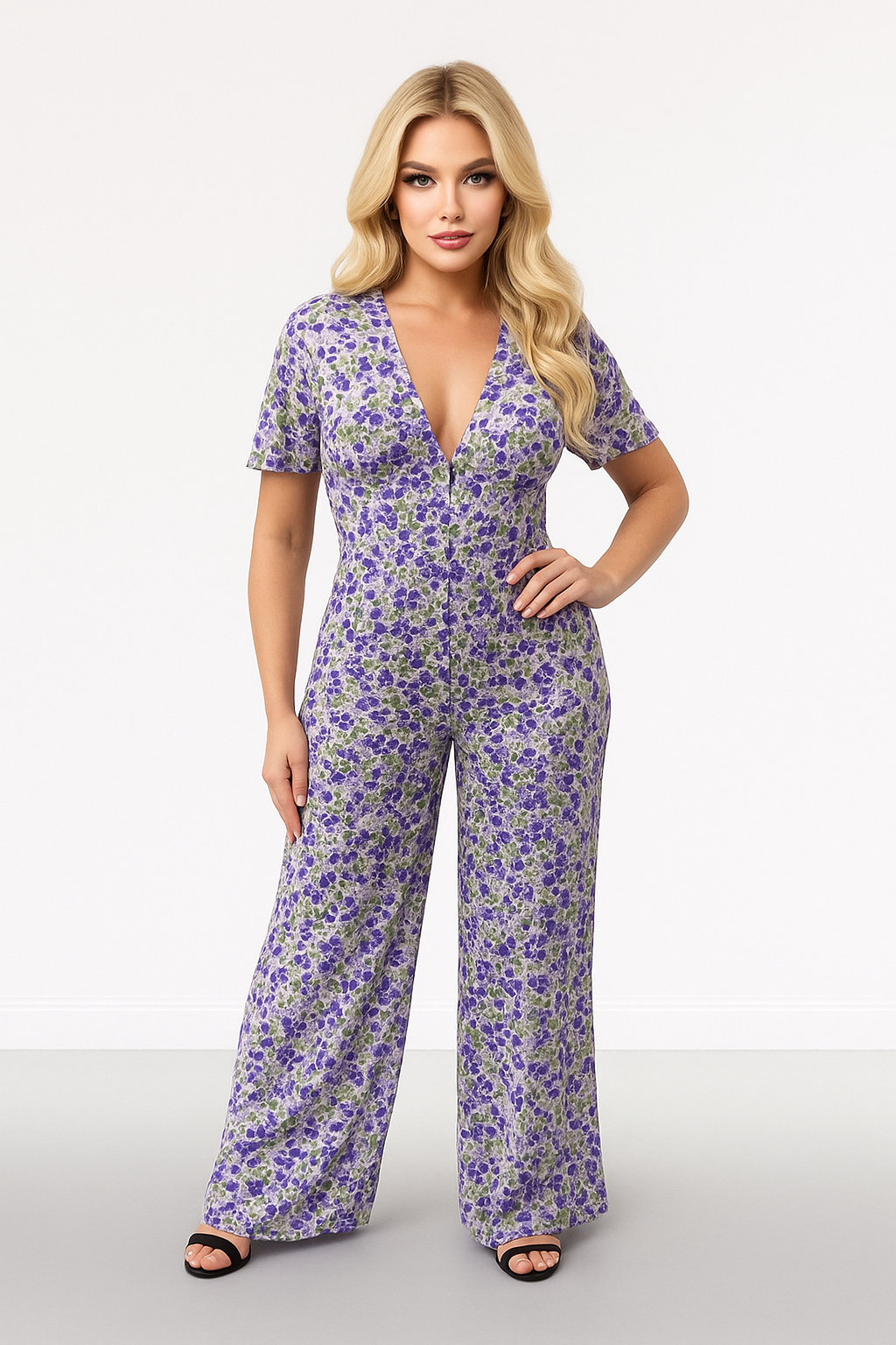 Floral Print Low Cut Neck Empire Waist Wide Extra Long Leg Jumpsuit