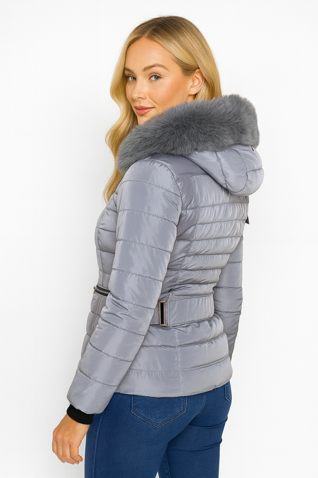 Faux Fur Trimmed Hoodie Belted And Quilted Winter Jacket