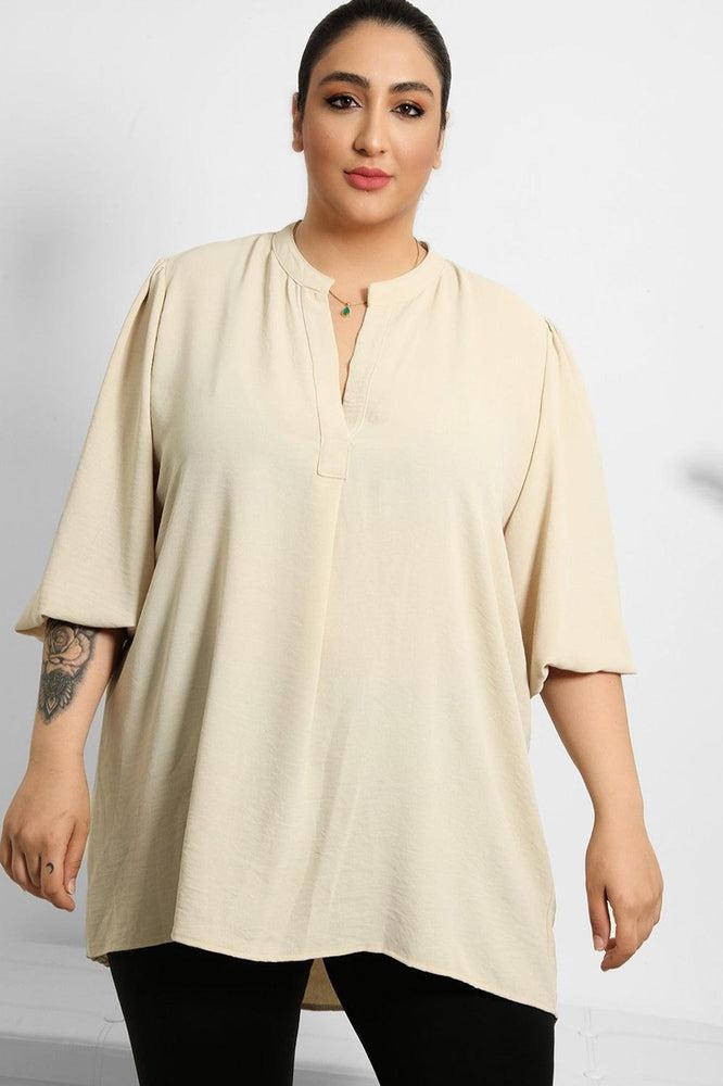 Grandad Collar Lantern Sleeves Blouse-SinglePrice