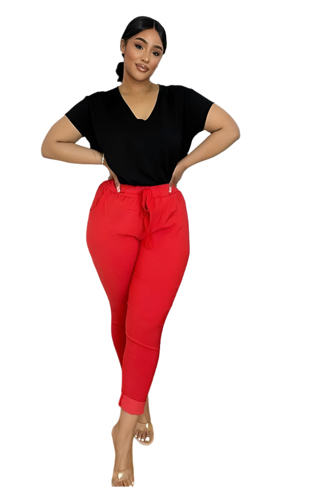 Drawstring Waist Rolled Up Hem Cotton Trousers-SinglePrice