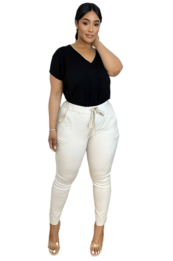 Drawstring Waist Rolled Up Hem Cotton Trousers-SinglePrice
