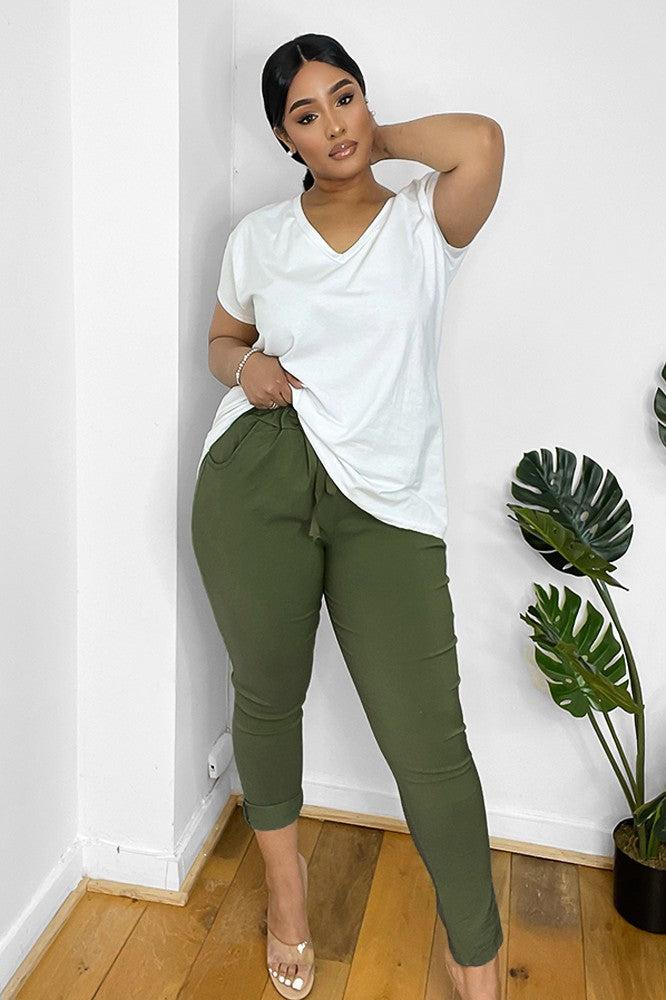 Drawstring Waist Rolled Up Hem Cotton Trousers-SinglePrice