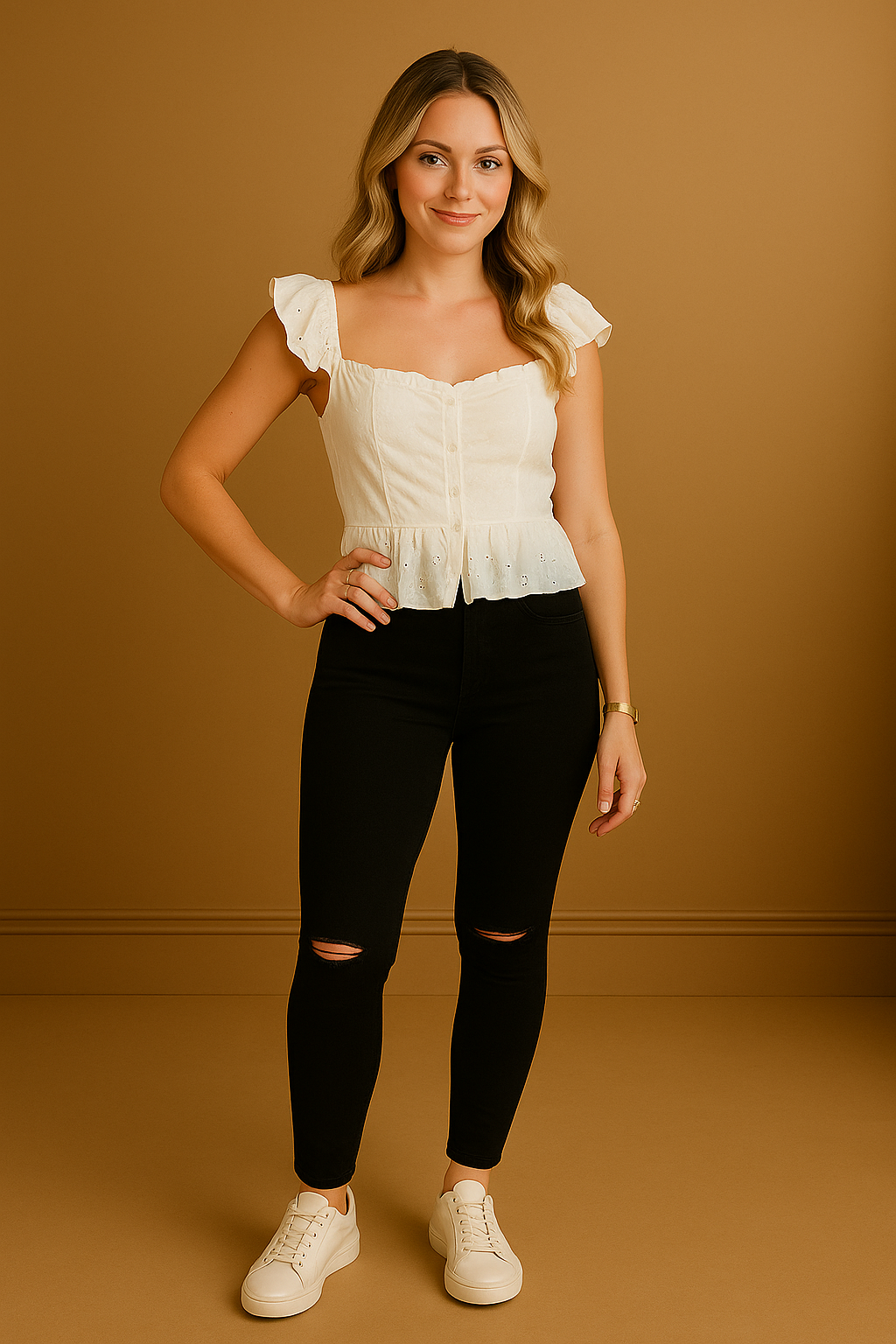 Cotton Blend Denim Ripped Knees Jeans