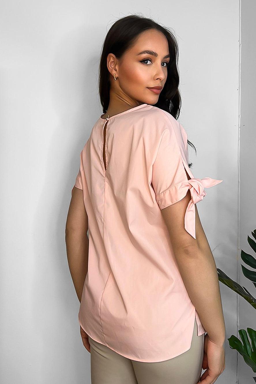 Pink Short Sleeve WIth Ties Cotton Blend Blouse-SinglePrice