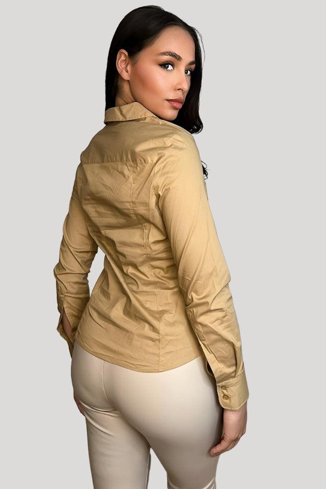 Camel Cotton Blend Button Down Smart Shirt-SinglePrice