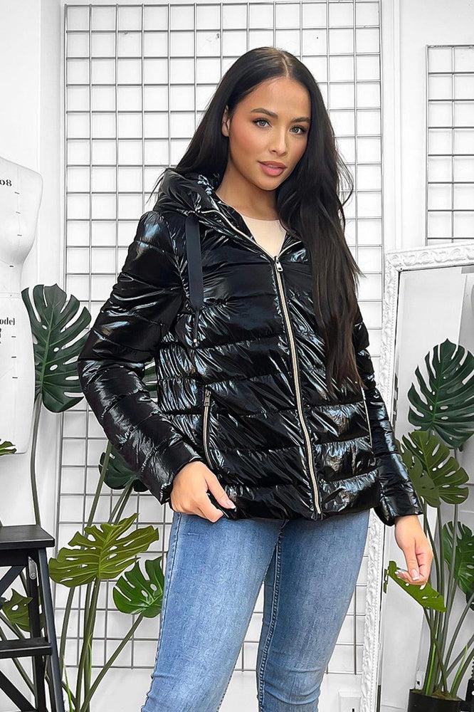 Black High Shine Padded Hooded Jacket-SinglePrice