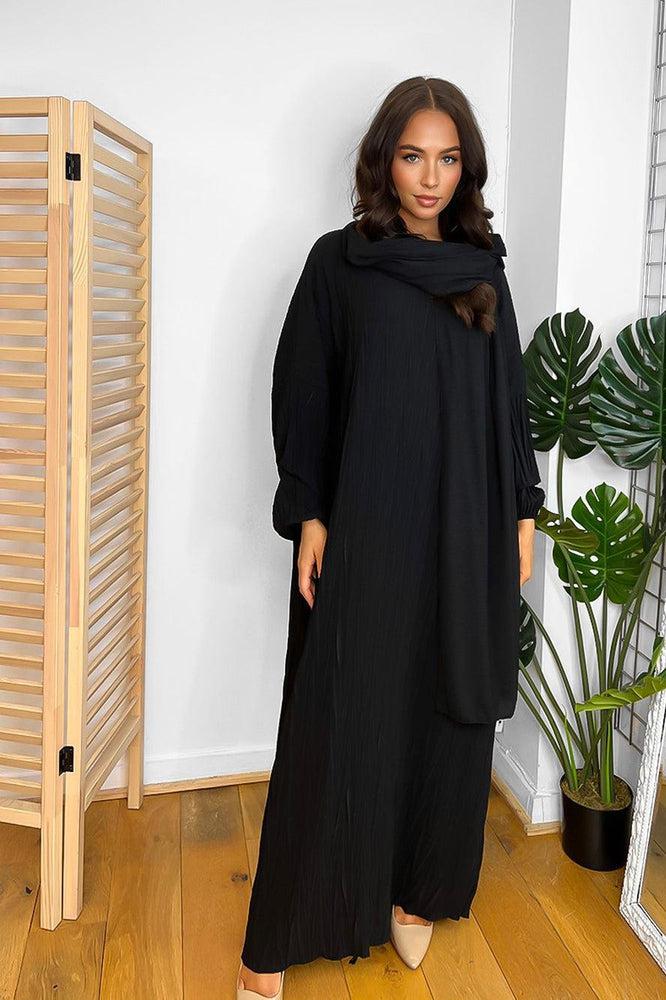 Shirred Fabric Modest Dress And Scarf Set-SinglePrice
