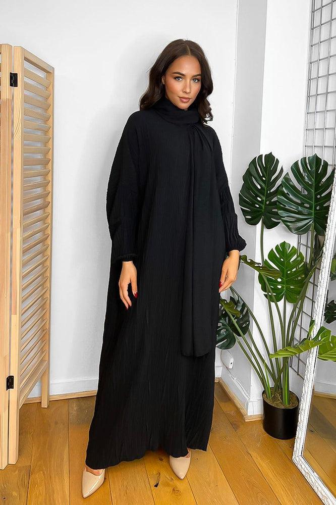 Shirred Fabric Modest Dress And Scarf Set-SinglePrice