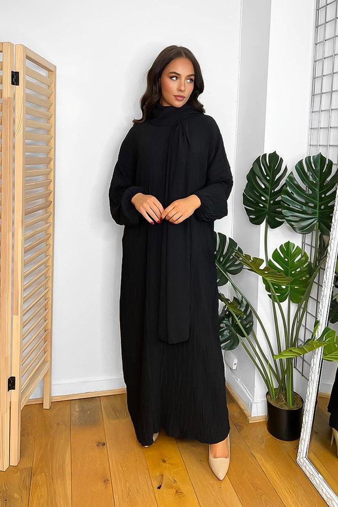 Shirred Fabric Modest Dress And Scarf Set-SinglePrice