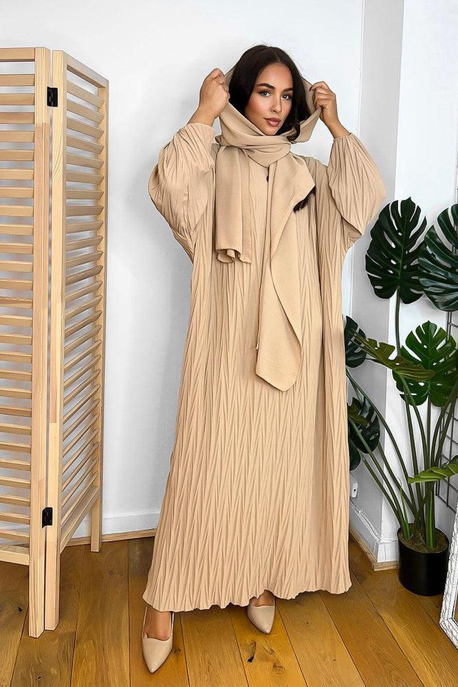 Shirred Fabric Modest Dress And Scarf Set-SinglePrice