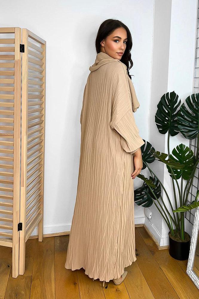Shirred Fabric Modest Dress And Scarf Set-SinglePrice