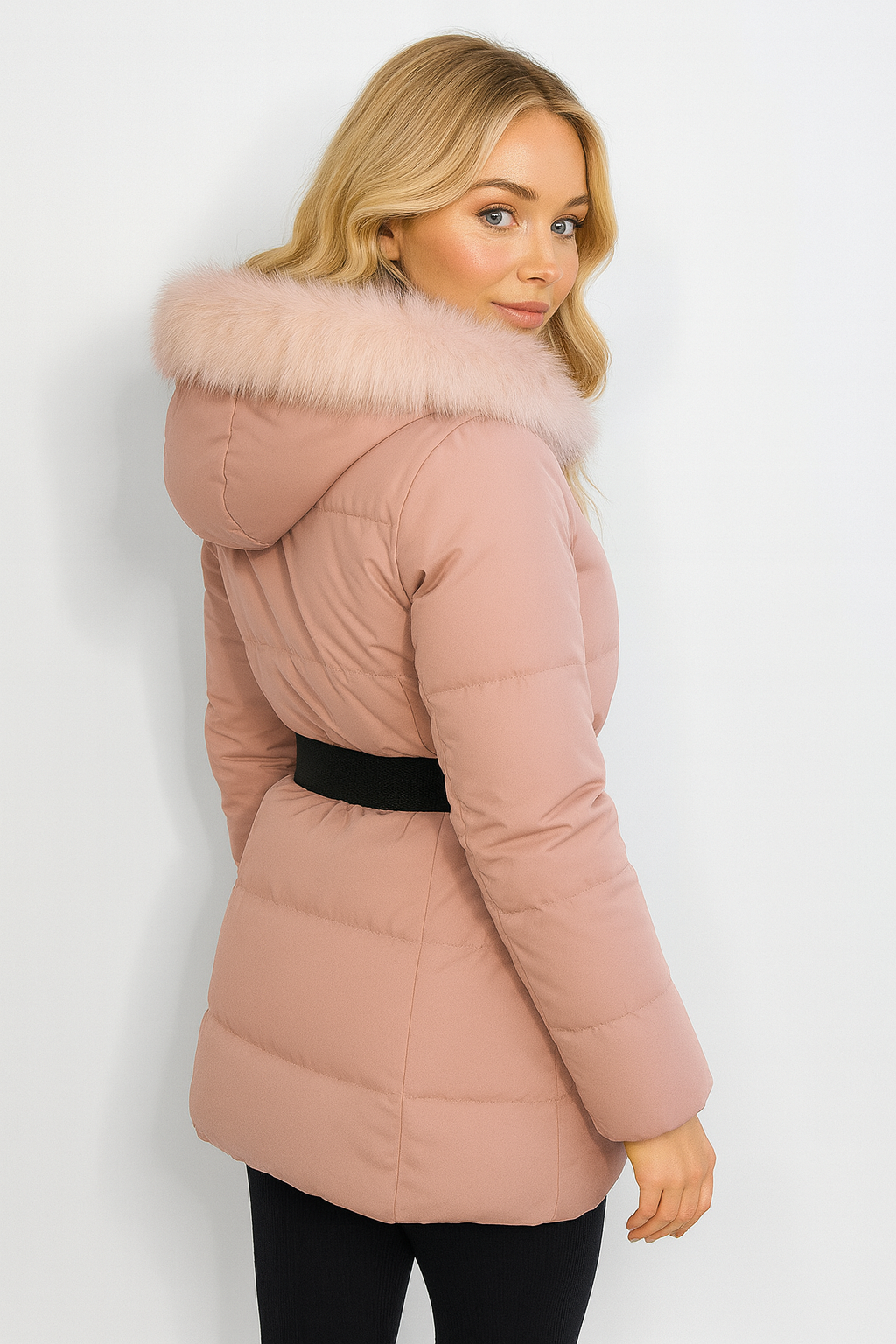 Faux Fur Hood Bag Belt Winter Jacket