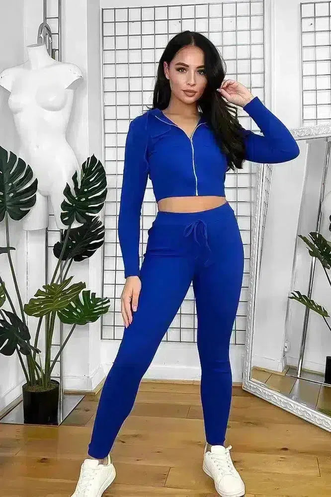 Zipped Cropped Hoodie Top And Leggings Set-SinglePrice