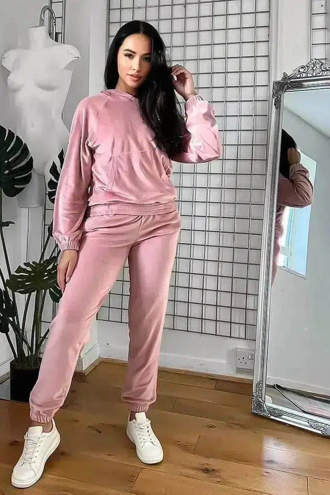 Solid Colour Velour Hooded Tracksuit-SinglePrice