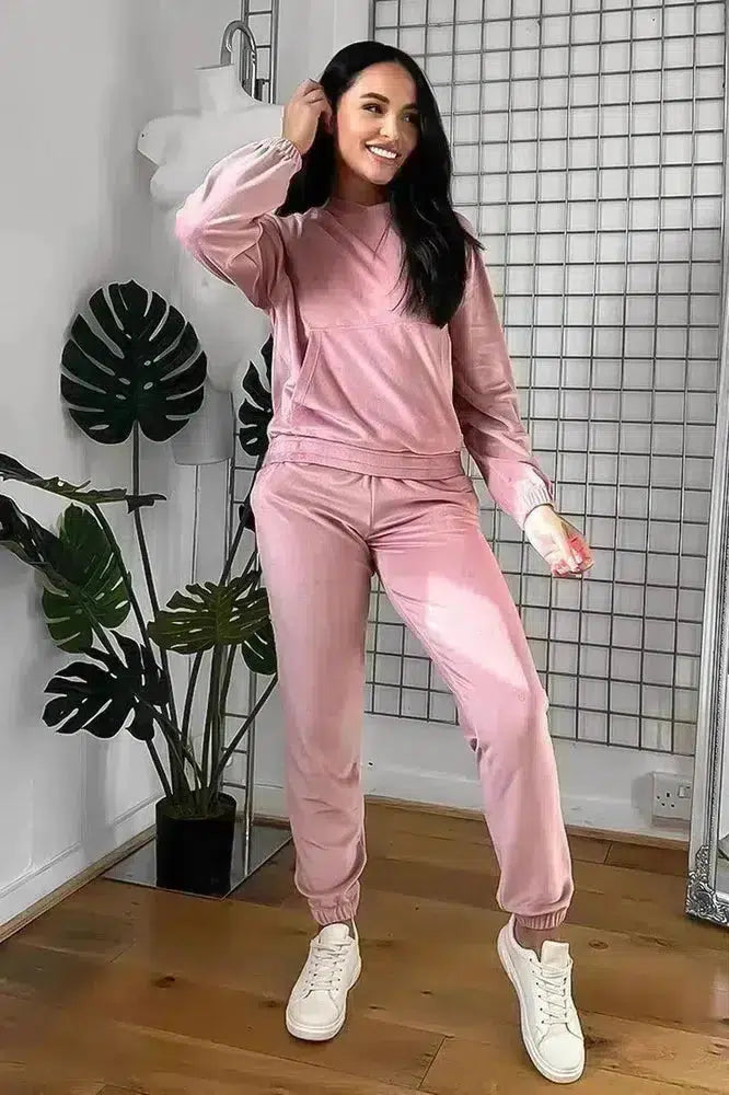 Solid Colour Velour Hooded Tracksuit-SinglePrice
