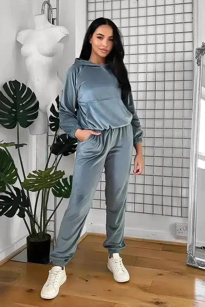 Solid Colour Velour Hooded Tracksuit-SinglePrice