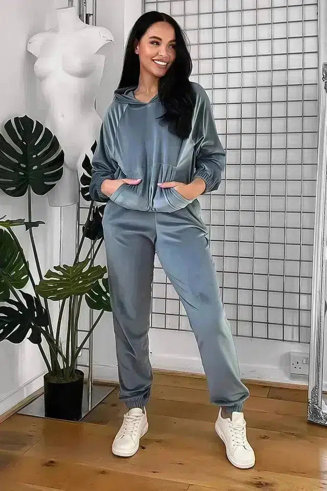 Solid Colour Velour Hooded Tracksuit-SinglePrice