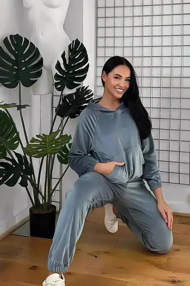 Solid Colour Velour Hooded Tracksuit-SinglePrice
