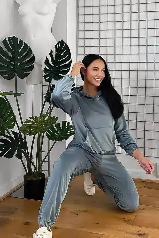 Solid Colour Velour Hooded Tracksuit-SinglePrice