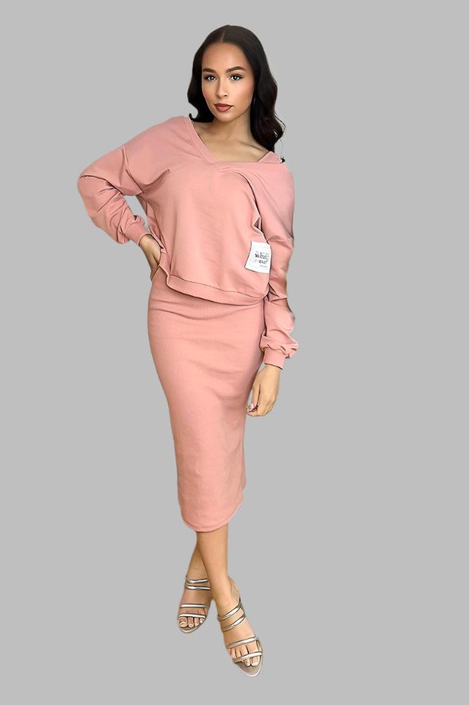 Cotton Blend Midi Dress And V-Neck Sweatshirt Set