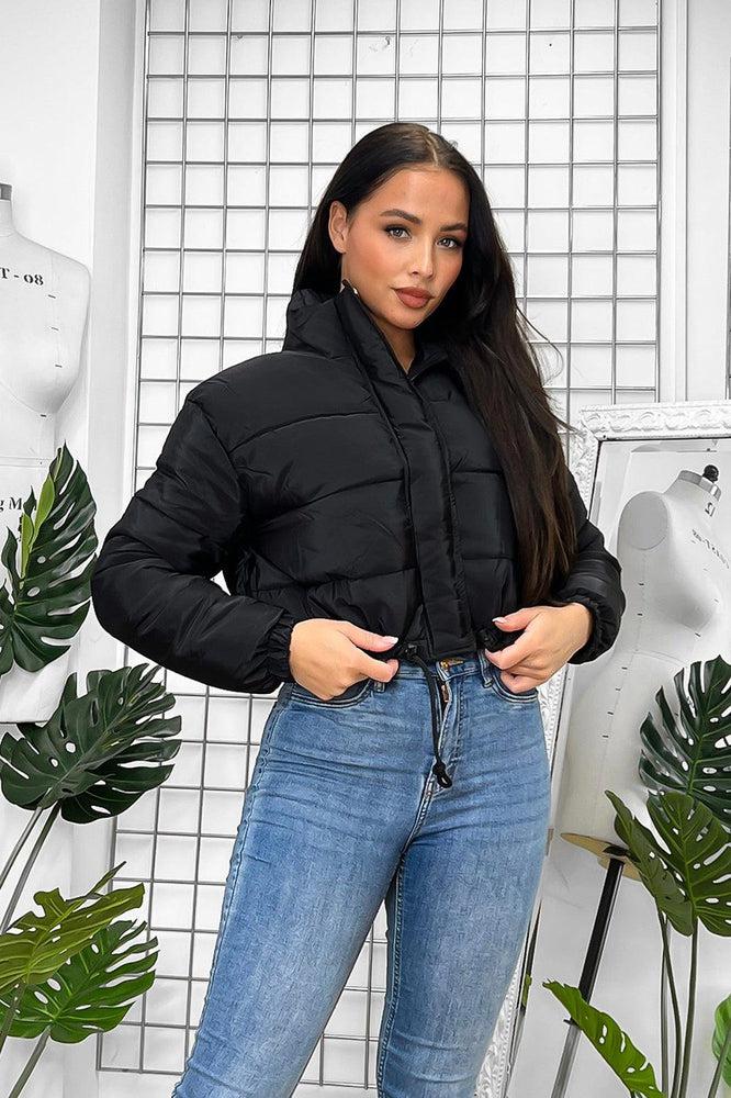 Drawstring Hem High Neck Cropped Puffer Jacket-SinglePrice