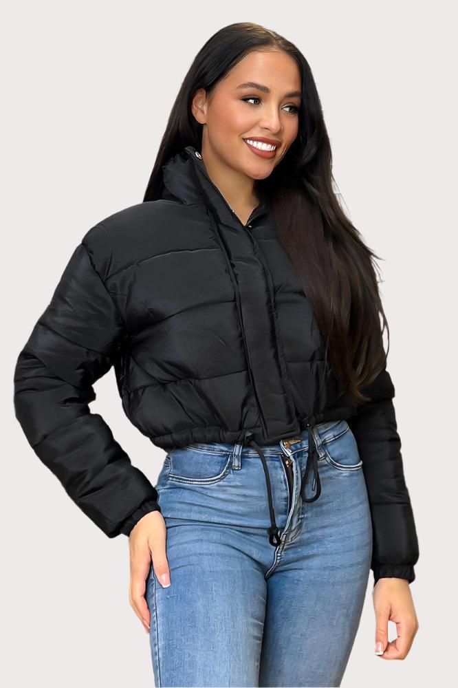 Drawstring Hem High Neck Cropped Puffer Jacket-SinglePrice