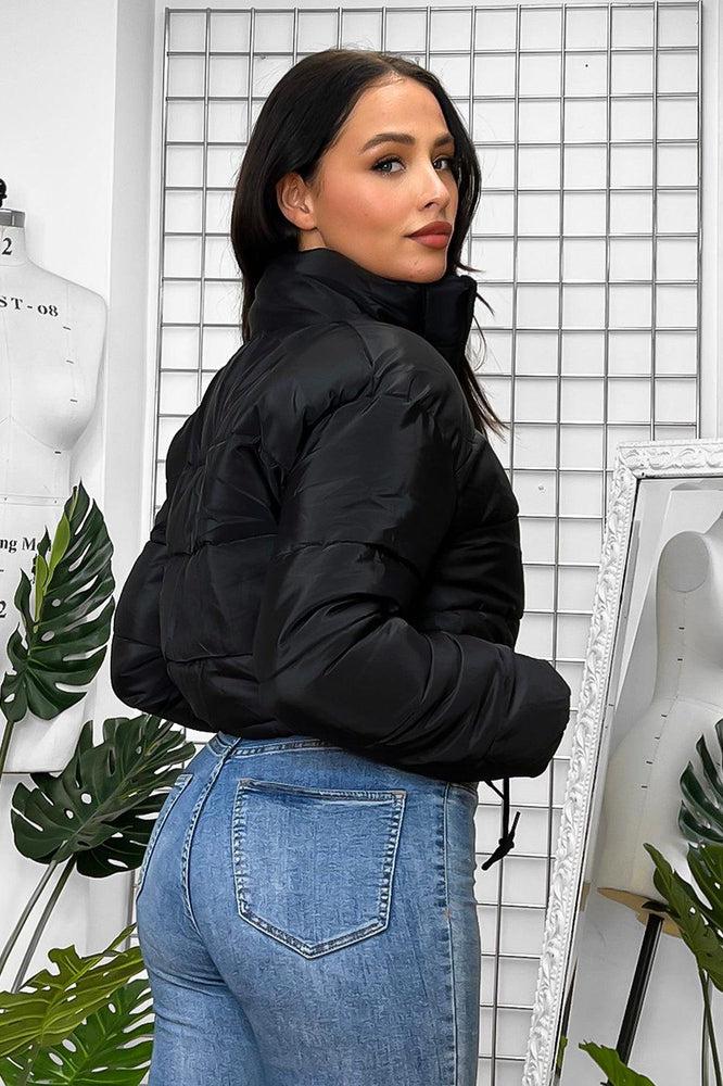 Drawstring Hem High Neck Cropped Puffer Jacket-SinglePrice
