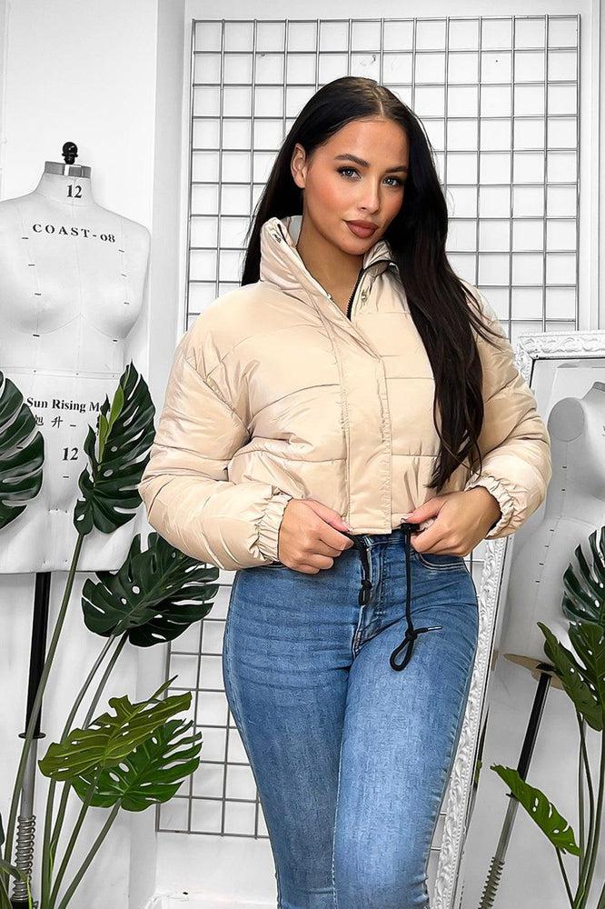 Drawstring Hem High Neck Cropped Puffer Jacket-SinglePrice
