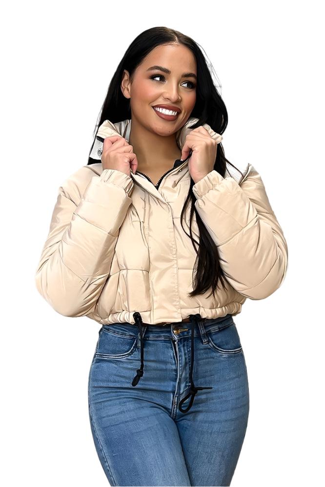 Drawstring Hem High Neck Cropped Puffer Jacket-SinglePrice