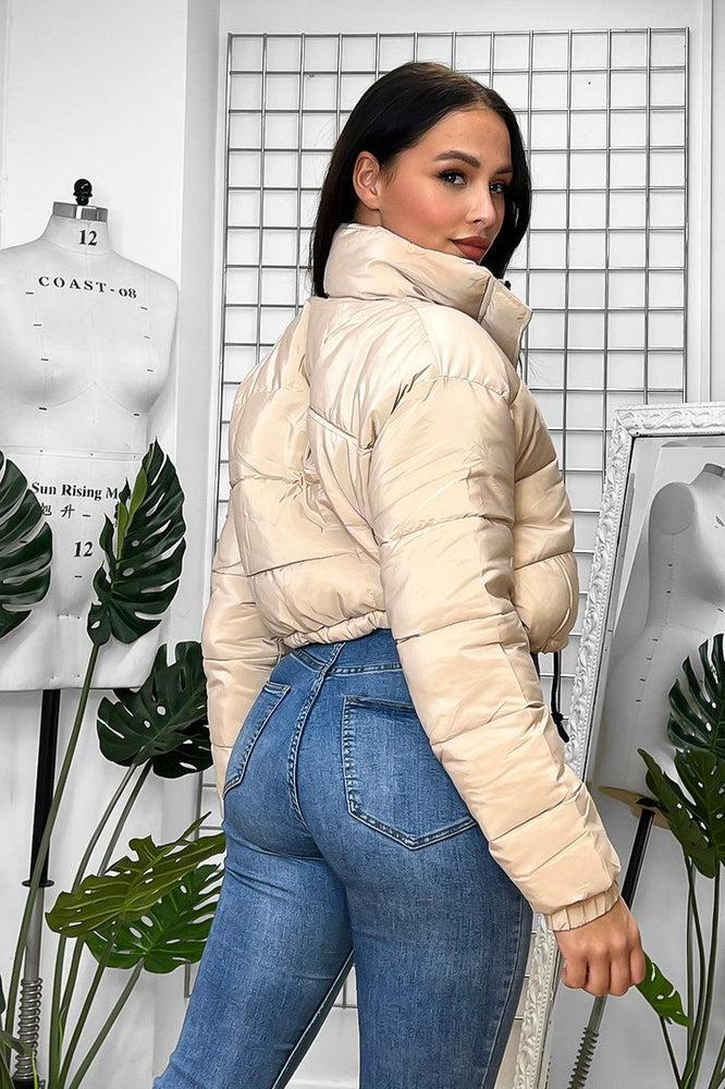 Drawstring Hem High Neck Cropped Puffer Jacket-SinglePrice