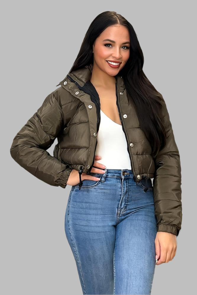 Drawstring Hem High Neck Cropped Puffer Jacket-SinglePrice