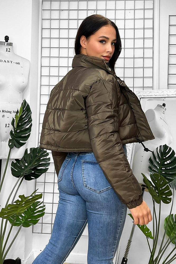 Drawstring Hem High Neck Cropped Puffer Jacket-SinglePrice