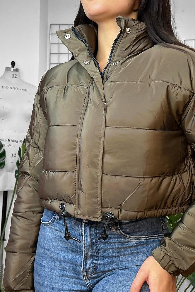 Drawstring Hem High Neck Cropped Puffer Jacket-SinglePrice