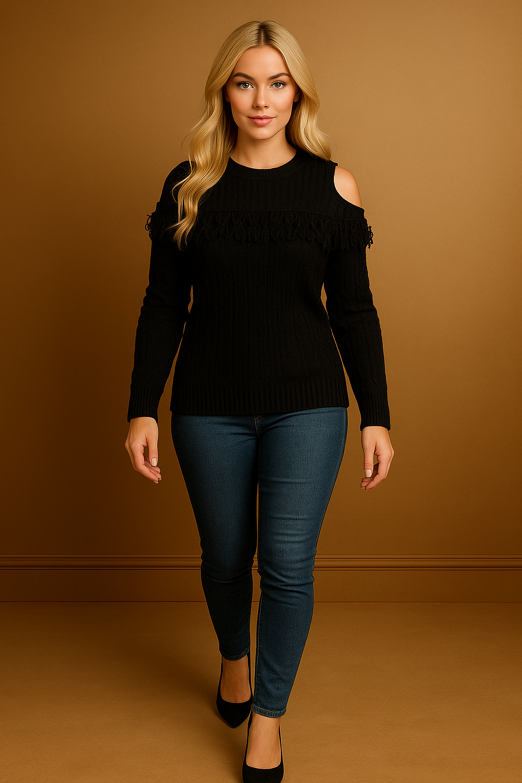 Black Fringed Detail Cold Shoulder Pullover
