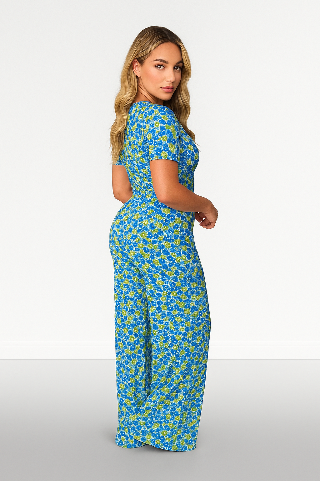 Floral Print Low Cut Neck Empire Waist Wide Extra Long Leg Jumpsuit