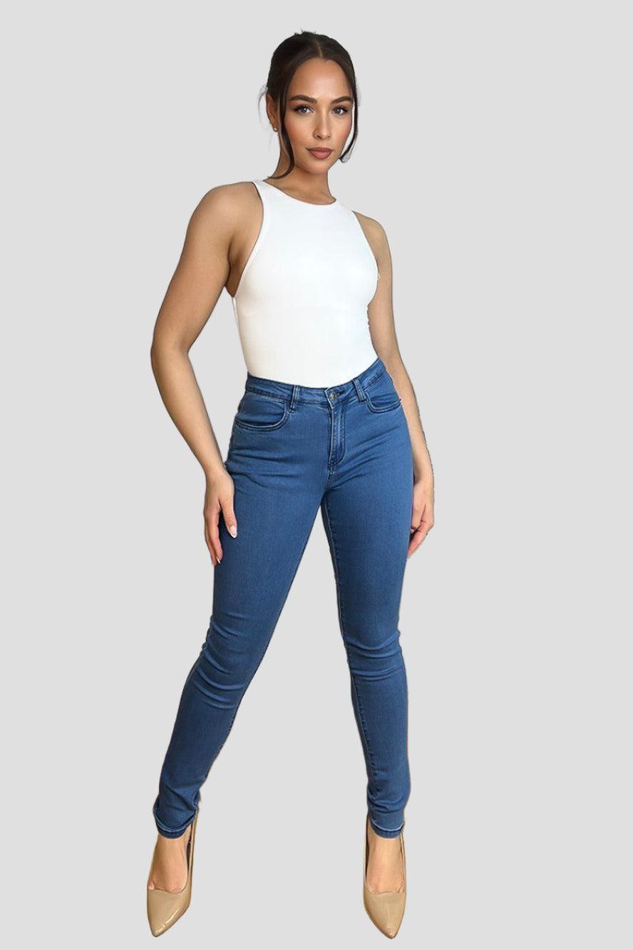 Light Blue Cotton Blend Denim Classic Skinny Jeans-SinglePrice