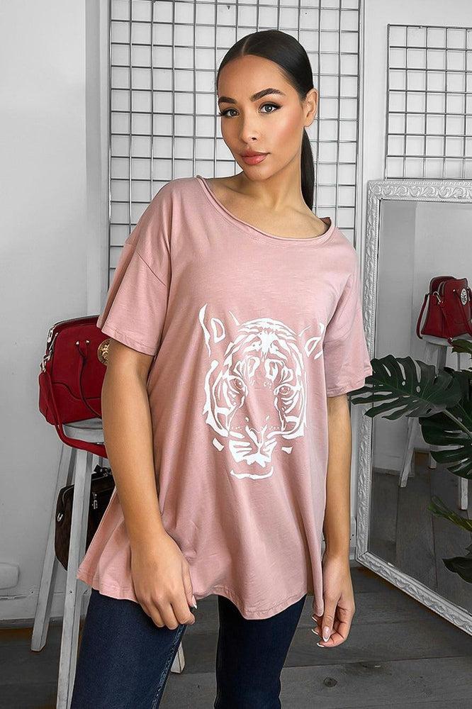 Tiger Print Relaxed Fit Cotton Blend T-Shirt-SinglePrice