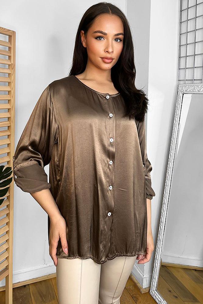 Roll Up Sleeves Button Front Blouse-SinglePrice